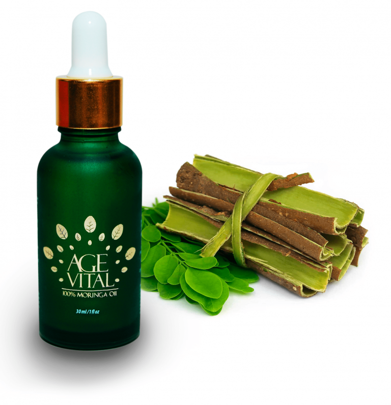 Frasco de aceite de moringa AGEVITAL con corteza y hojas de moringa