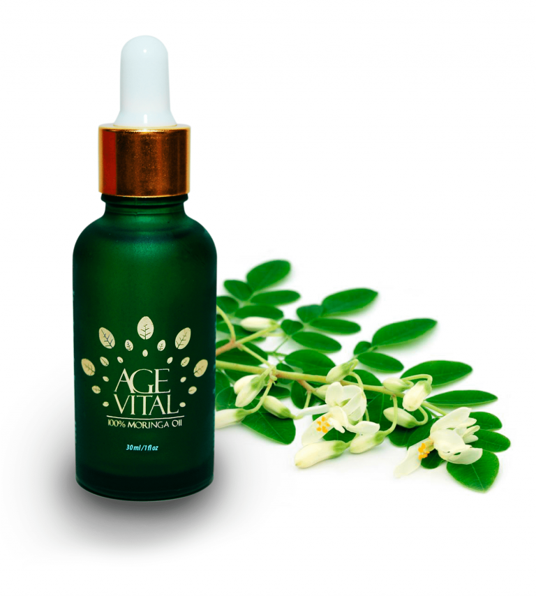Frasco de aceite de moringa AGEVITAL con flores de moringa